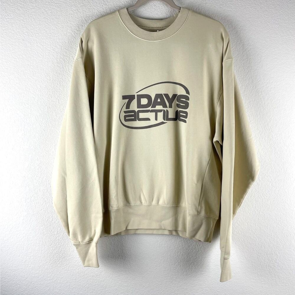 7 Days Active Monday Sweatshirt Mens Medium Beige Organic‎ Cotton Crew Neck NWT